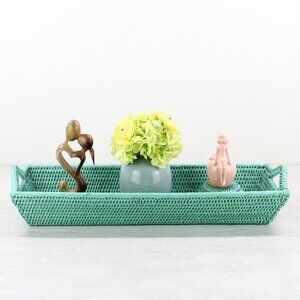 NEW Handwoven Long Large Rattan Serving Tray with Handles-Turquoise